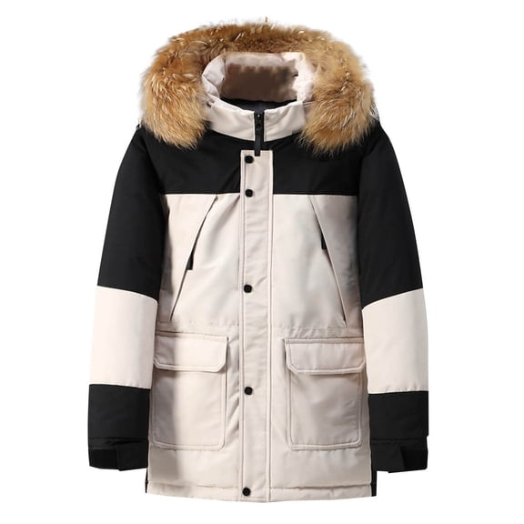 LpwkSSA Puffer Jackets for Men Winter Warm Solid Color Draw Rope Pocket Zipper Hooded Long Sleeves Cotton Casual Fashion Loose Coat Beige L