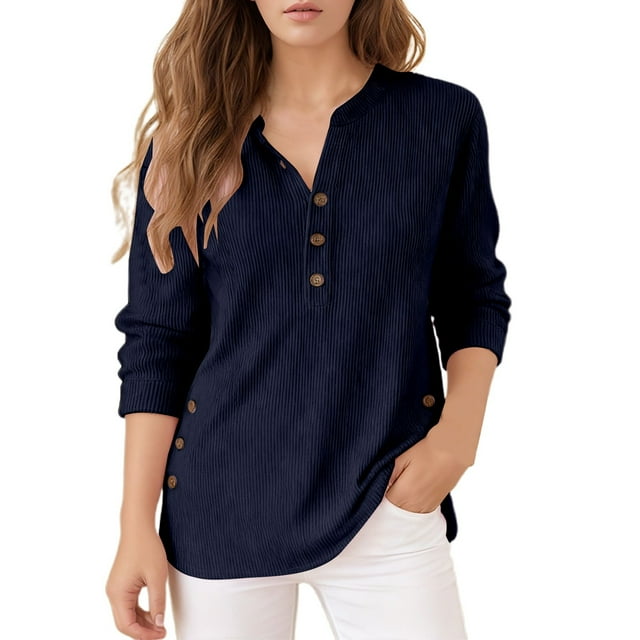 Arlun Women's Solid Color Long Sleeved Sweaters Loose Quarter Button up Round Neck Knitted Pullover Tops Solid Color Trendy Asymmetrical Hem Lightweight Sweater Navy XXL