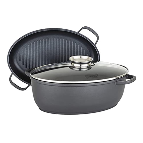Viking culinary 3-in-1 86 Qt Die cast Oval Roaster with glass Basting Lid,gray,40041-1632c
