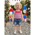 thumbnail image 4 of BemeyourBBs Toddler Baby Girl 4th of July Outfit Baby Girl Denim Summer Outfit Patriot Independence Day Clothes Sleeveless Star Striped Print Ribbed Tank Tops and Ripped Jeans Denim Shorts Set, 4 of 9