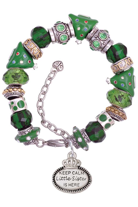 Keep Calm Little Sister is Here Green Christmas Bead Bracelet