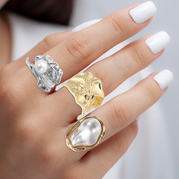 Chunky Gold Rings Set for Women Adjustable Pearl Stackable Ring Open Vintage Statement Jewelry, Golden Tone, Silver Tone, 6 Pack