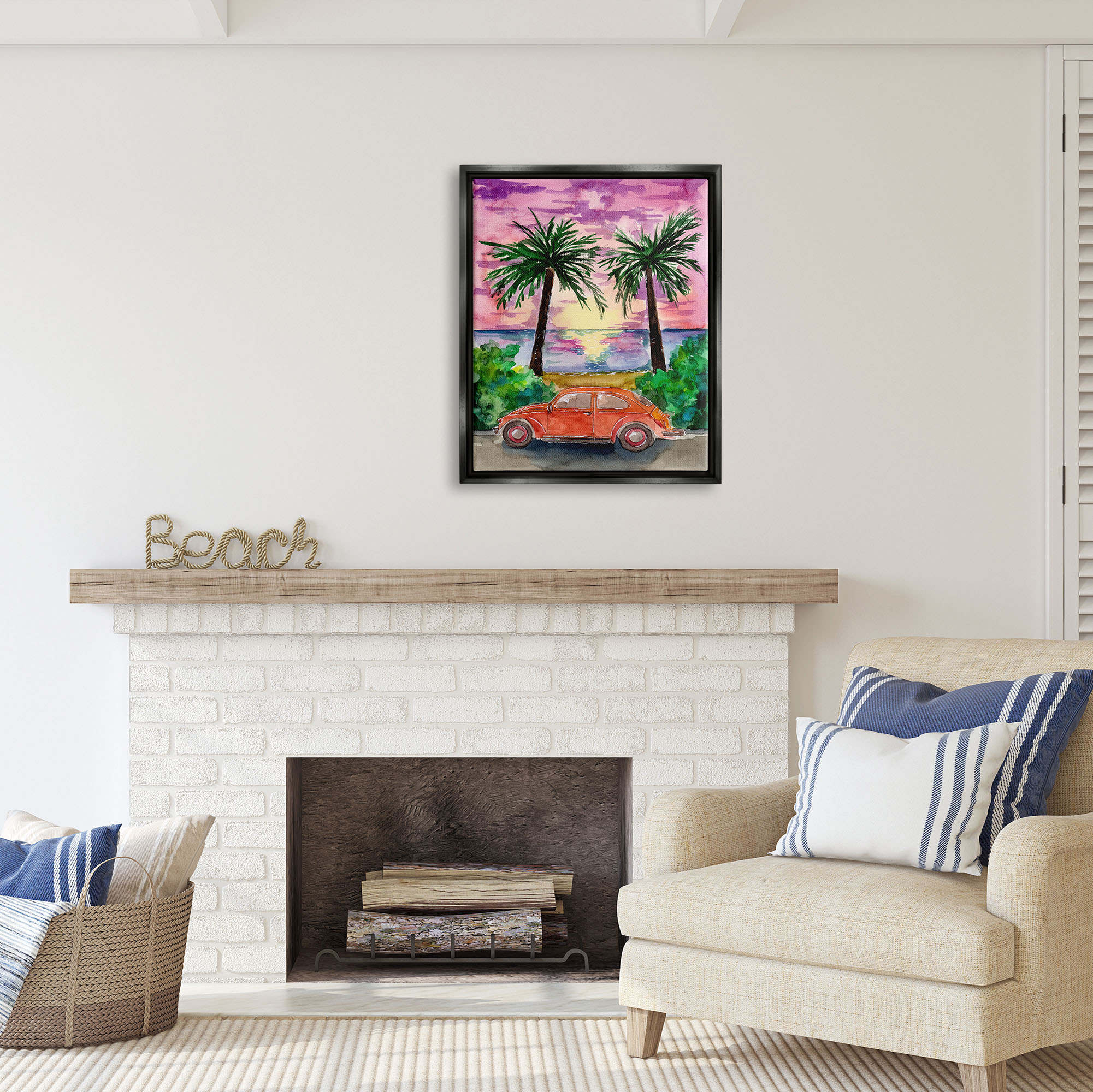 Stupell Industries Summer Beach Buggy Transportation Painting Black Floater Framed Art Print Wall Art, 25 x 31