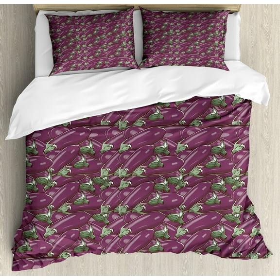 Eggplant Duvet Cover Set, Retro Inspired Stacks of Delicious Eggplants Product of Nature Ingredient Cusine Food, Decorative 3 Piece Bedding Set with 2 Pillow Shams, Calking Size, Purple, by Ambesonne