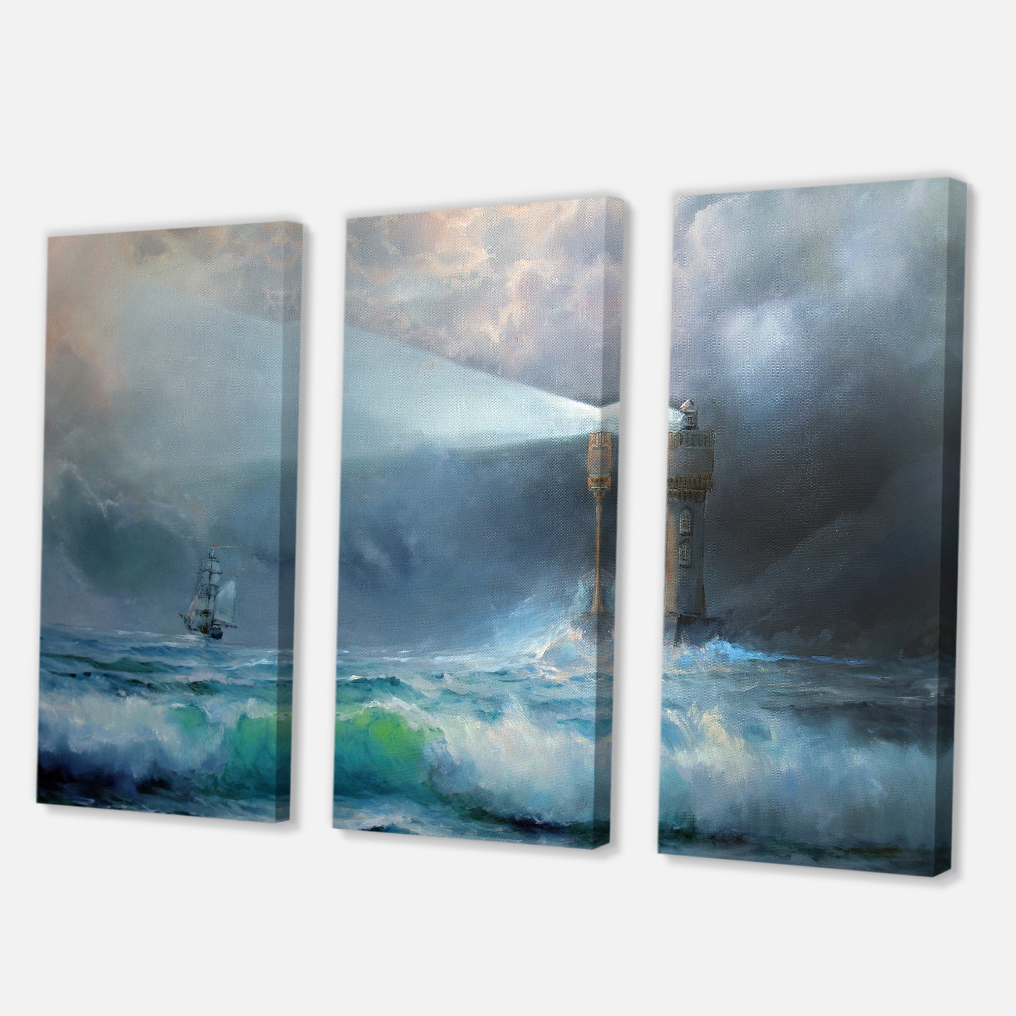 Designart ' Lighthouse Shining Light During Stormy Clouds Night II ' Nautical & Coastal Canvas Wall Art Print