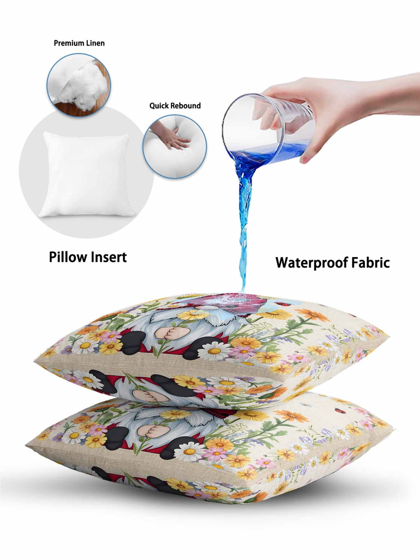 Outdoor Pillows Waterproof, Daisy Gnomes Bedding Throw Pillows with Insert for Couch Sofa Bed, Farmhouse Pastoral Garden Floral Burlap 12x20 Inch Pillowcases Decorative Camping Patio Pillow Set of 1
