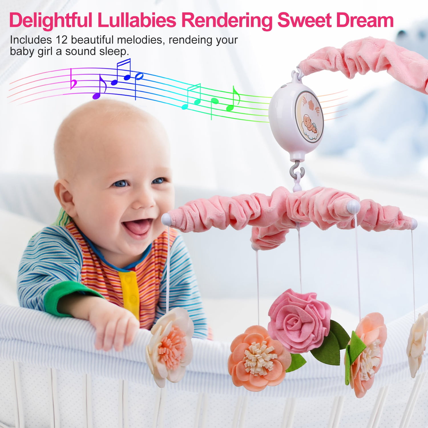 Moclever Baby Mobile for Crib, Nursery Mobiles Baby Musical Crib Bed Bell with 12 Melodies 5 Flower Rattles 3 Modes Volume Adjustment for Girl Newborn Gift, Pink