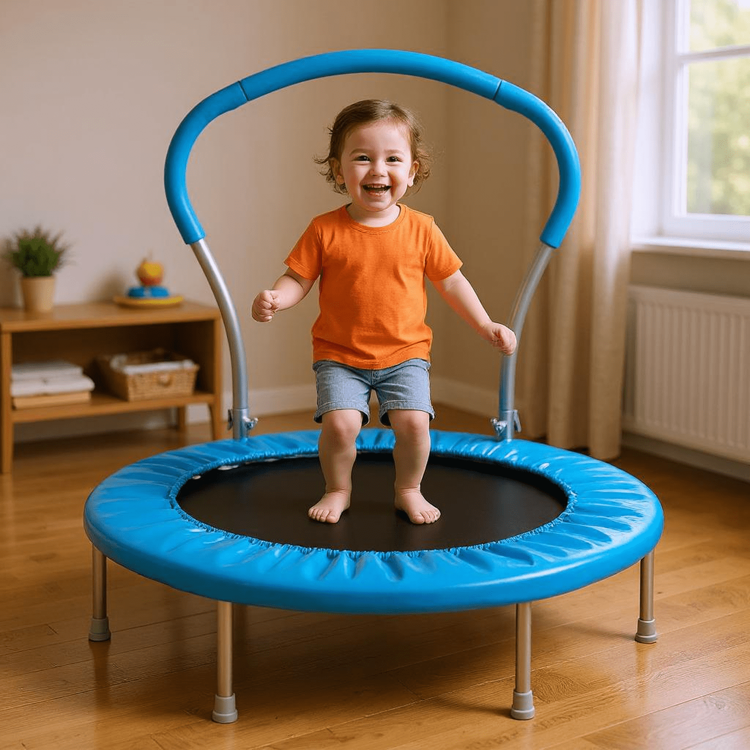Homy Casa Kids Indoor Trampoline with Handrail – Compact, Safe Playtime for Children, Blue