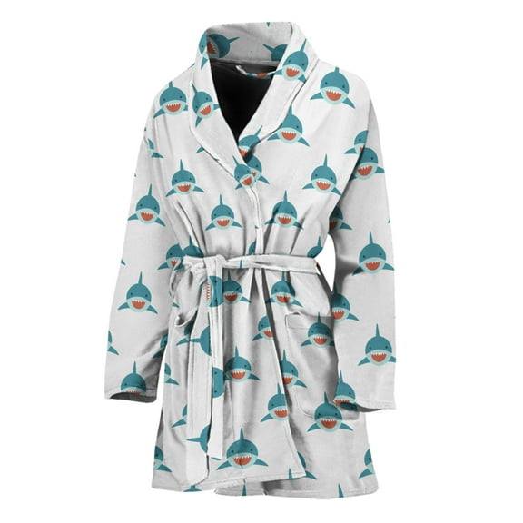 Smiley Shark Pattern Women Bathrobe One Size Univeral Fits, Shark Ocean Animal Fashion Lightweight Plush Fleece Long Robe For Women