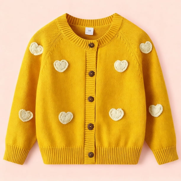 Blusas y camisas de manga larga con cuello redondo Cárdigan de punto de polar de manga larga con corazón pequeño bordado para niños Suéter de cuello redondo de manga larga para niñas Top de poliéster