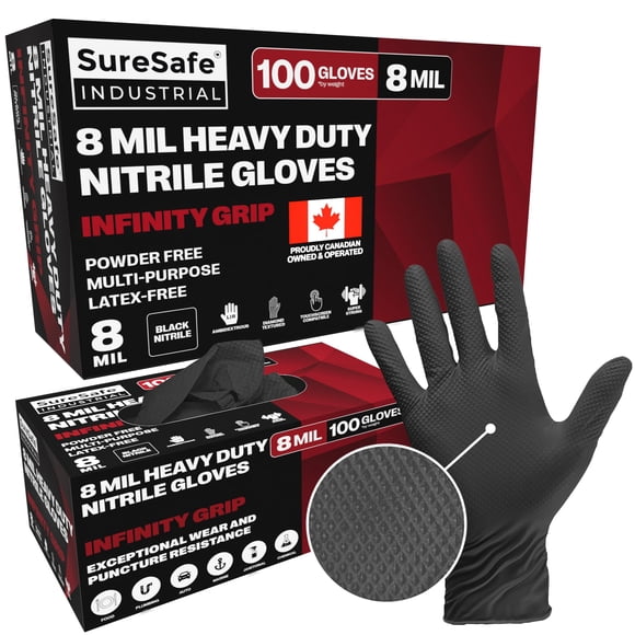 [100 Pack] SURESAFE Gants en Nitrile 8 Mil TG, Gants Noirs Jetables, Sans Poudre et Sans Latex, Prise Diamant, Entièrement Texturés et Côtelés,