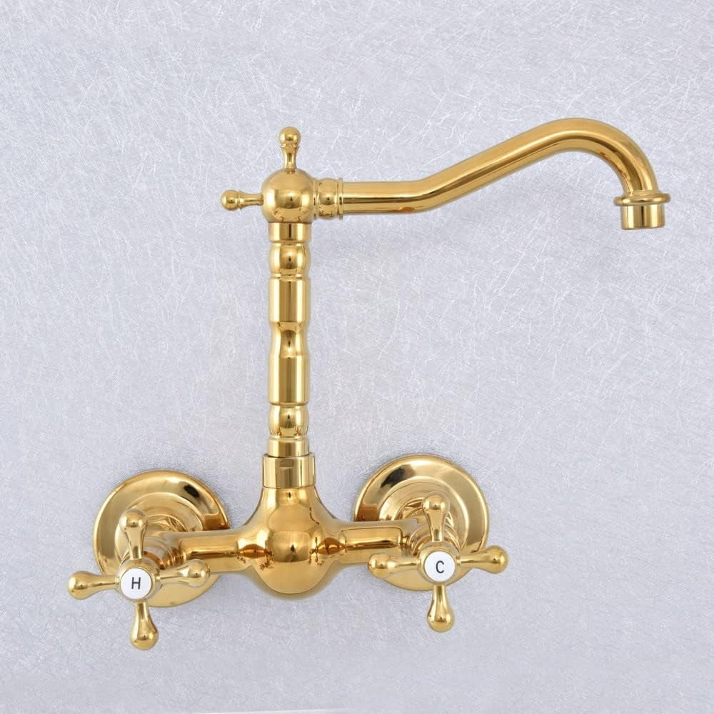 Bathroom Sink Faucet, Kitchen Faucets Gold Polished Brass Wall Mounted Kitchen Bathroom Sink Faucet Dual Handle Swivel Spout Hot Cold Water Tap