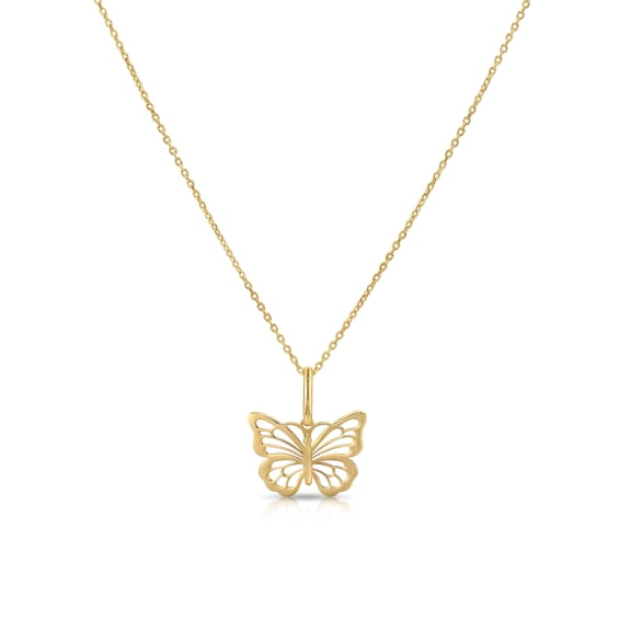 Tilo Jewelry 14K Yellow Gold Butterfly Openwork Pendant Charm Necklace for Women & Unisex | 18 Inch Cable Chain