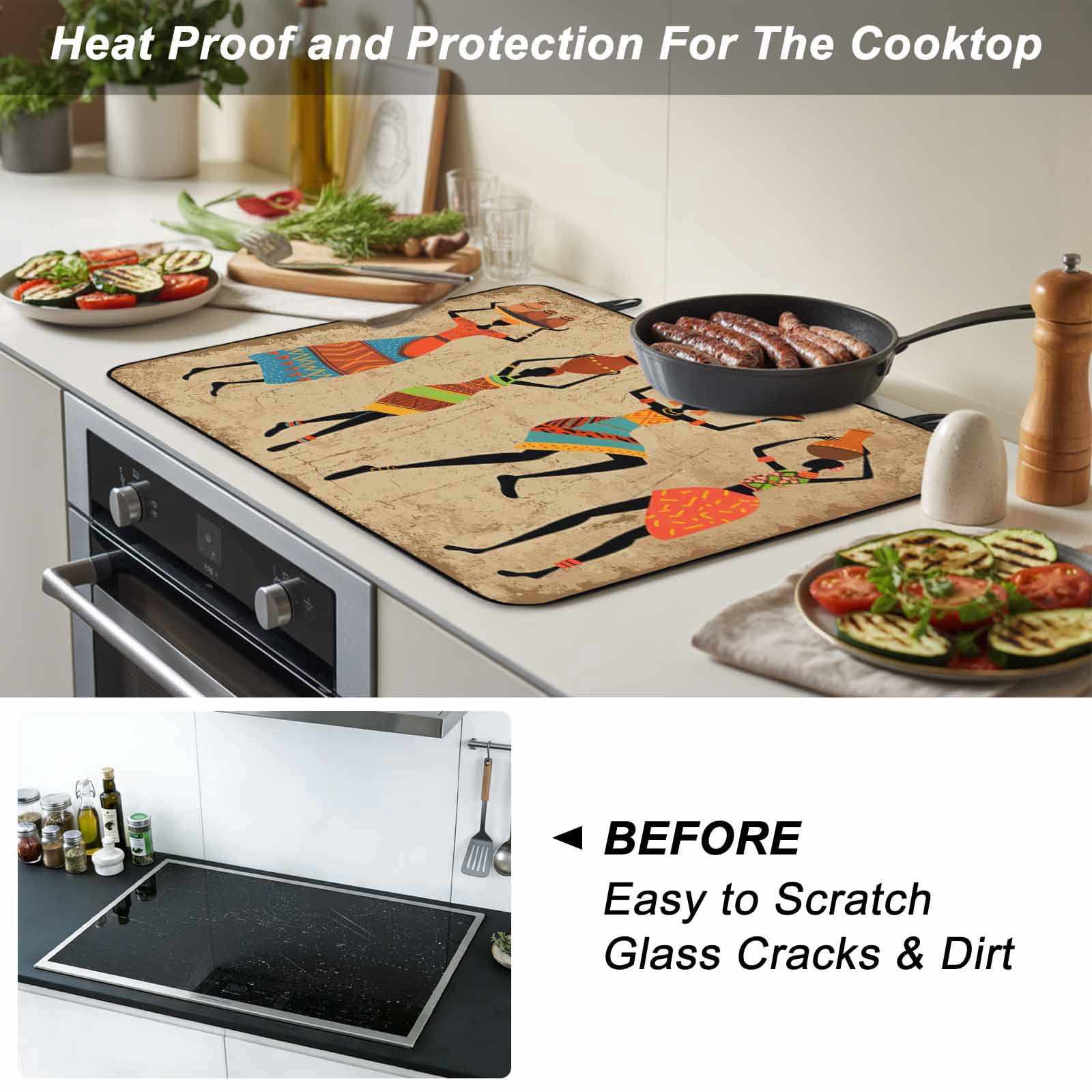 Brown Boho Stove Top Cover for Electric Stove, Heat-proof & Non Slip Glass Top Stove Cover Protector, Farmhouse Vintage Ethnic African Women Kitchen Flat Cooktop Rubber Mat 24x21 Inches
