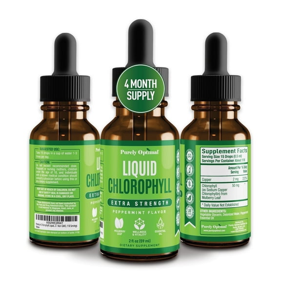 Purely Optimal Liquid Chlorophyll Drops Peppermint Healthy Skin Energy Boost Gut Detox 118 Servings