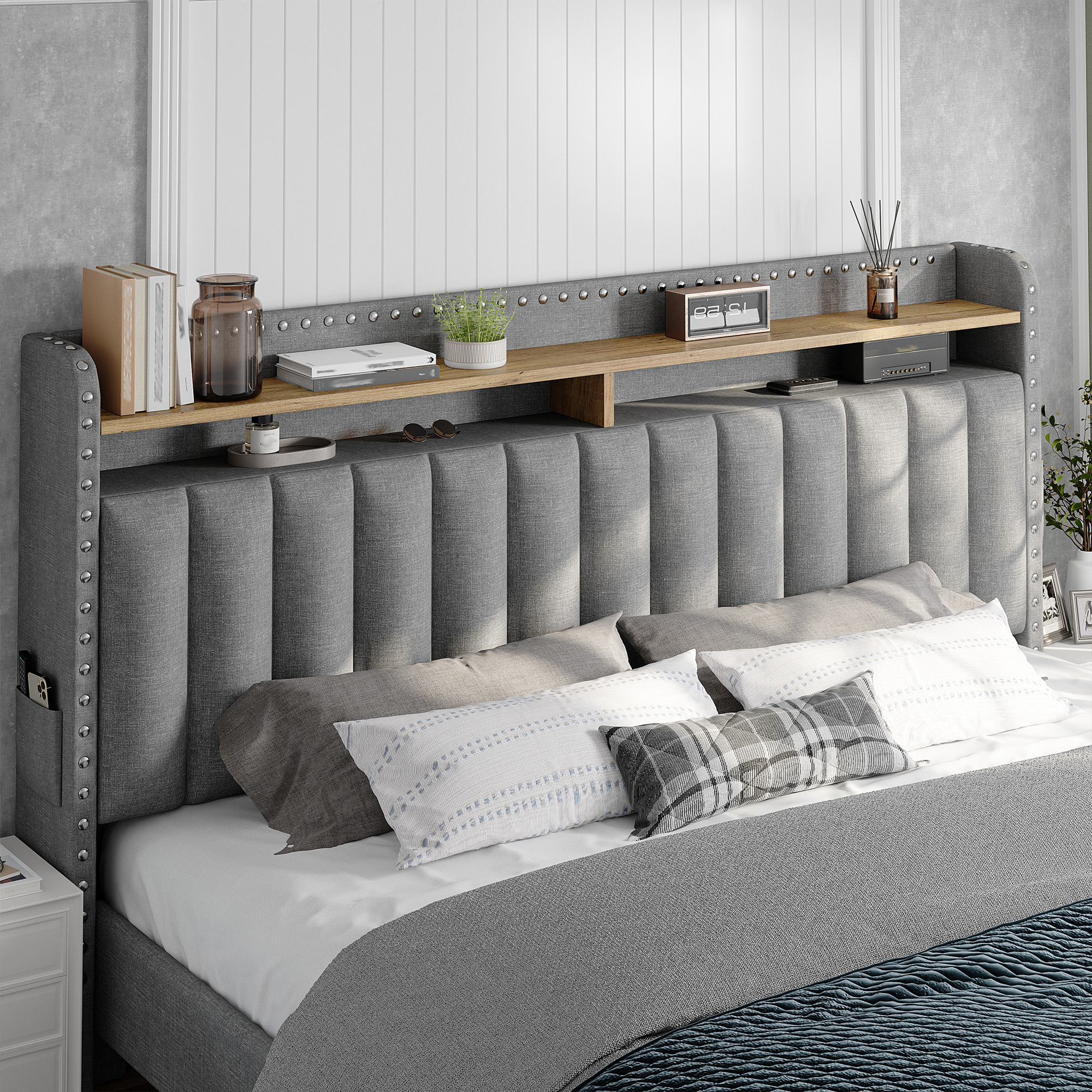 Queen Size Bed Frame with Headboard Bed Frame with 2 Drawers Bed Frame with Storage,Gray
