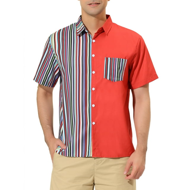 INSPIRE CHIC Men's Shirts Short Sleeve Summer Cotton Patchwork Button Down Shirts S Red Purple