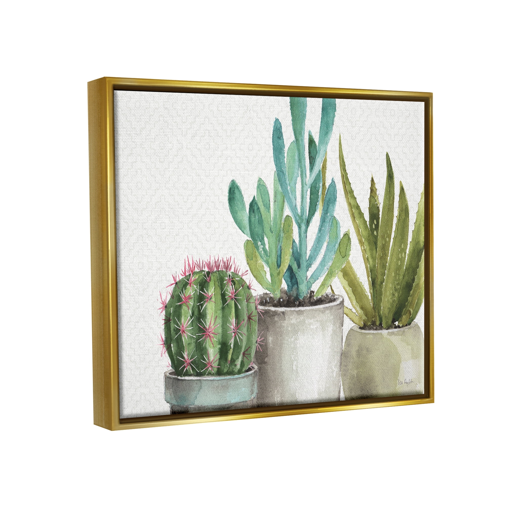 Stupell Industries Modern Succulents Pattern Green Grey Watercolor Painting Metallic Gold Framed Floating Canvas Wall Art, 16x20, by Lisa Audit