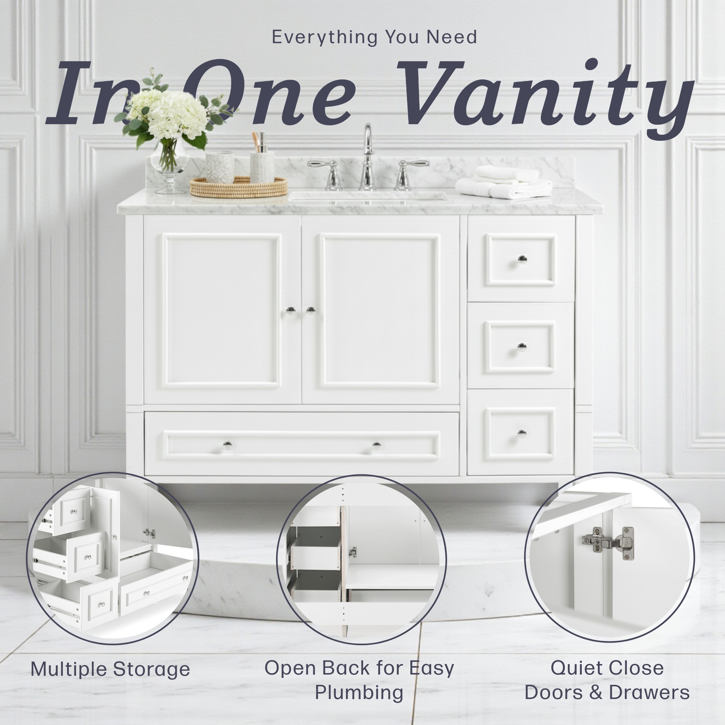 Alaterre Furniture 48in Wood Bathroom Vanity with Soft-Close Doors, White