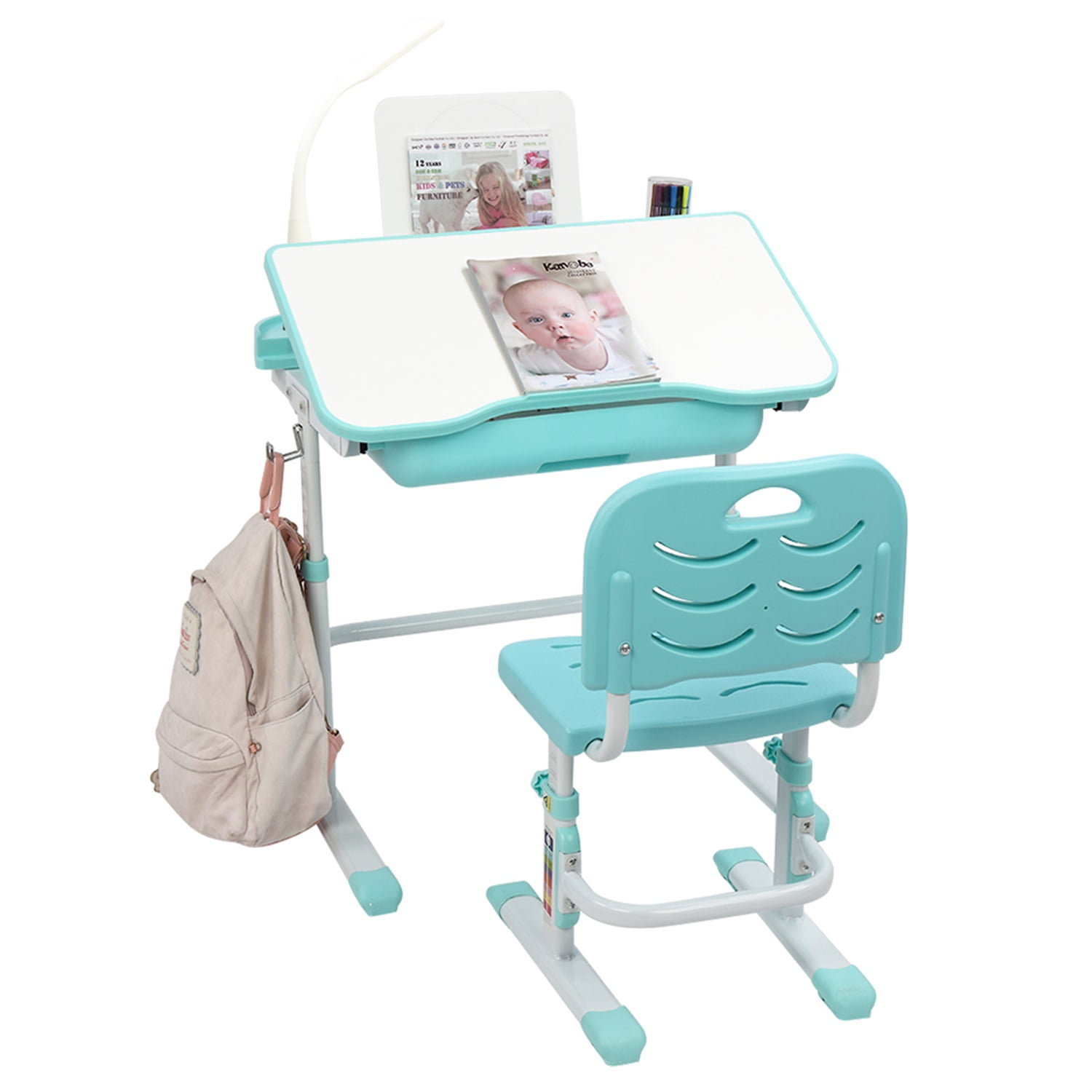 Kids Functional Desk and Chair Set, Children School Study Desk with Tilt Desktop, Bookstand, LED Light, Metal Hook and Drawer for Boys Girls (Blue) Kids Functional Desk and Chair Set, Children School Study Desk with Tilt Desktop, Bookstand, LED Light, Metal Hook and Drawer for Boys Girls (Blue)