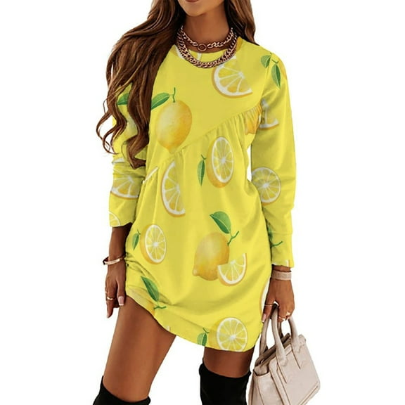 Lemons on Yellow Loose Dress Evening Dress Summer Dresses for Women Luxury Dress Long Sleeved Dress