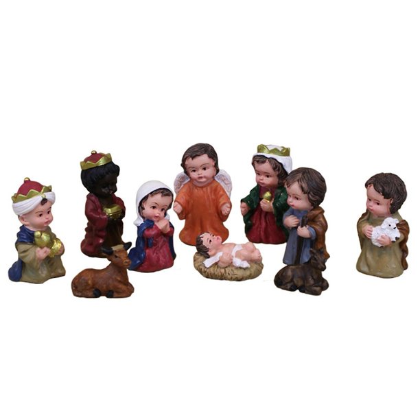 Farfi 9 unids/set adorno de bebé Jesús mano de obra exquisita resina inastillable Navidad fiel ángel Natividad estatuilla para el hogar