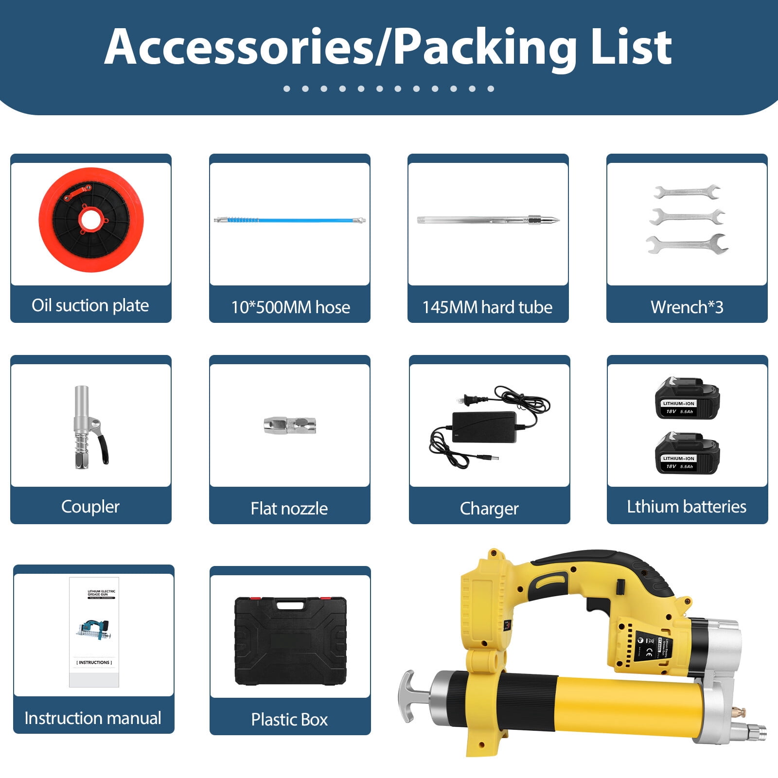 Electric Grease Gun with 2x5500MAh Battery Operated Grease Gun LED Machine Kits