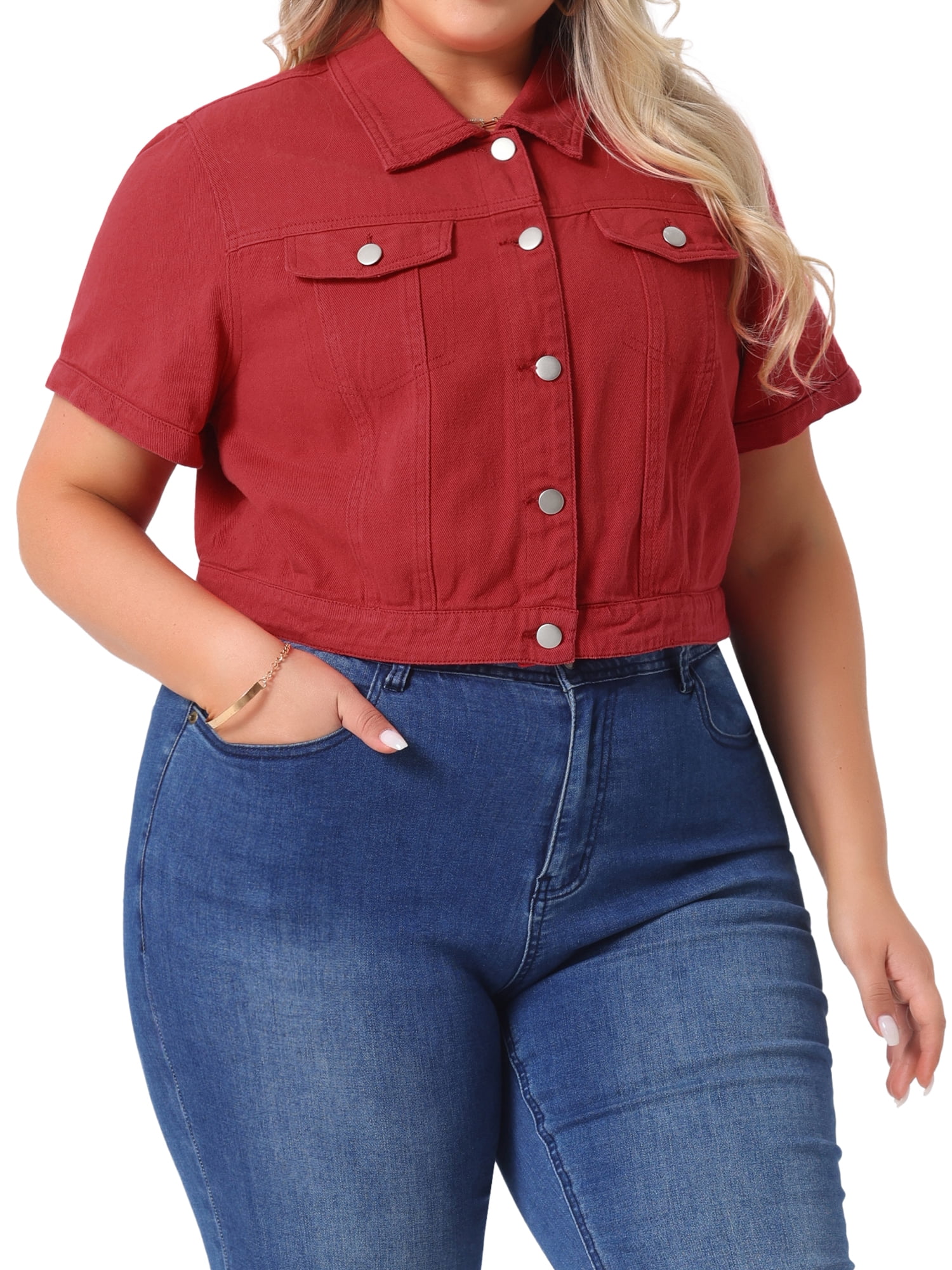 DARING DIVA Women's Plus Size Short Sleeves Button Down Jean Jacket 1X Red