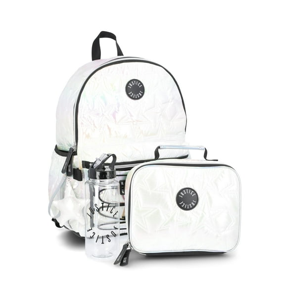 Justice Girls 17" Shimmer Quilted Backpack, Lunch Bag, Water Bottle, and Charm Set, 4-Piece, White