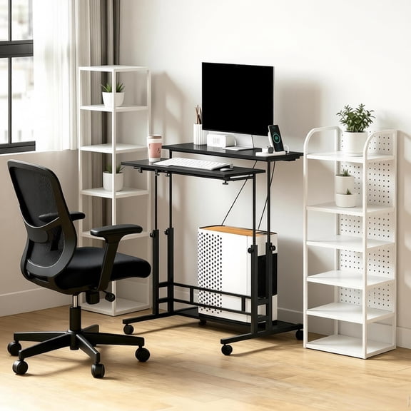 DRNANLIT Adjustable Standing Desk with 3-Panel Tiltable Desktop, Built-in Charging Station (2 Outlets 2 USB), Lockable Casters, for Home Office/Study/Studio
