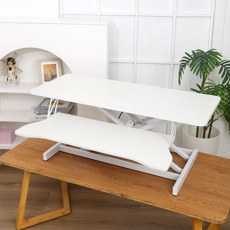 32 Inch Height Adjustable Standing Desk Converter Sit to Stand Riser Dual Monitor Workstation with Keyboard Tray, White