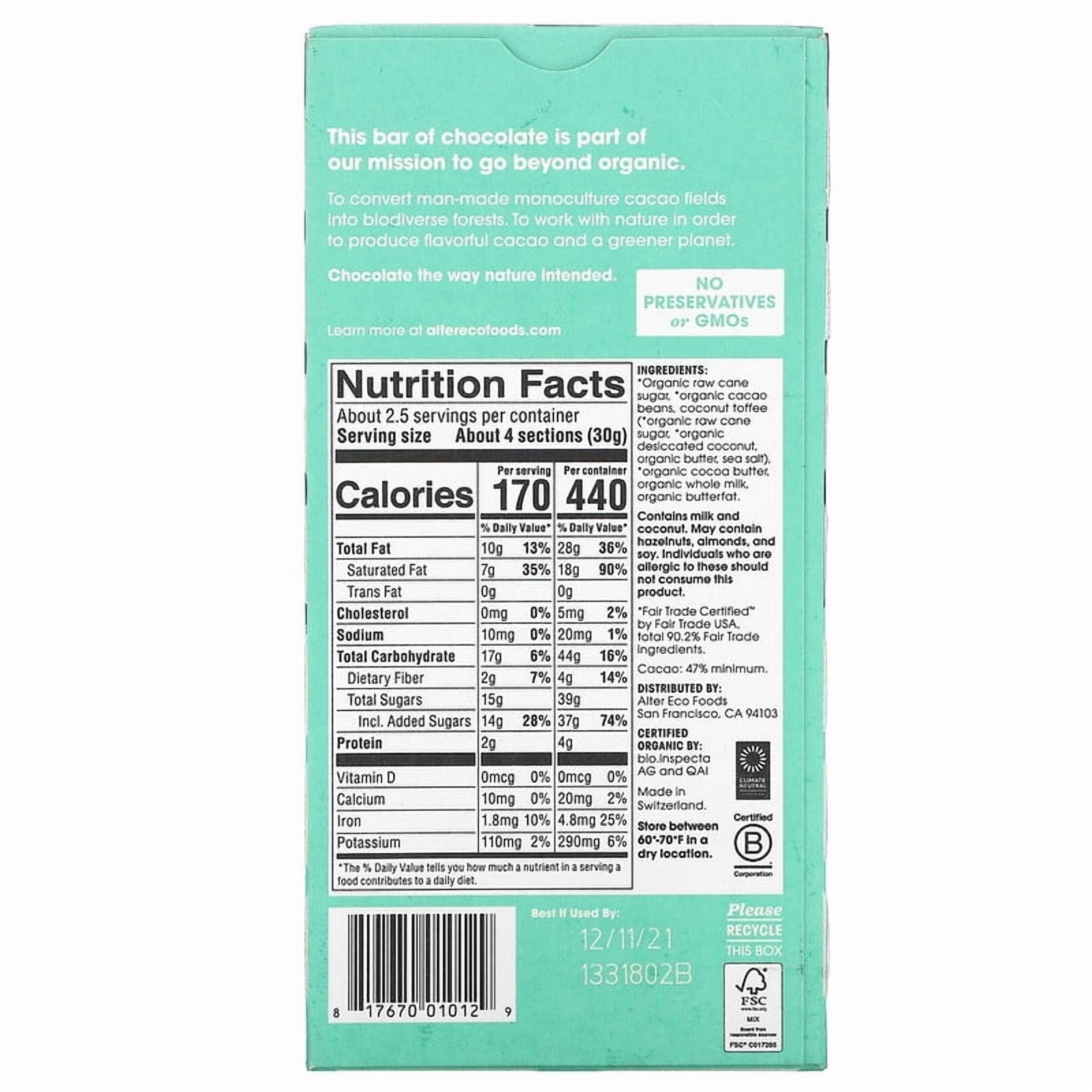 Alter Eco Organic Dark Chocolate Bar Coconut Toffee 47% Cacao 2.82 oz Pack of 2