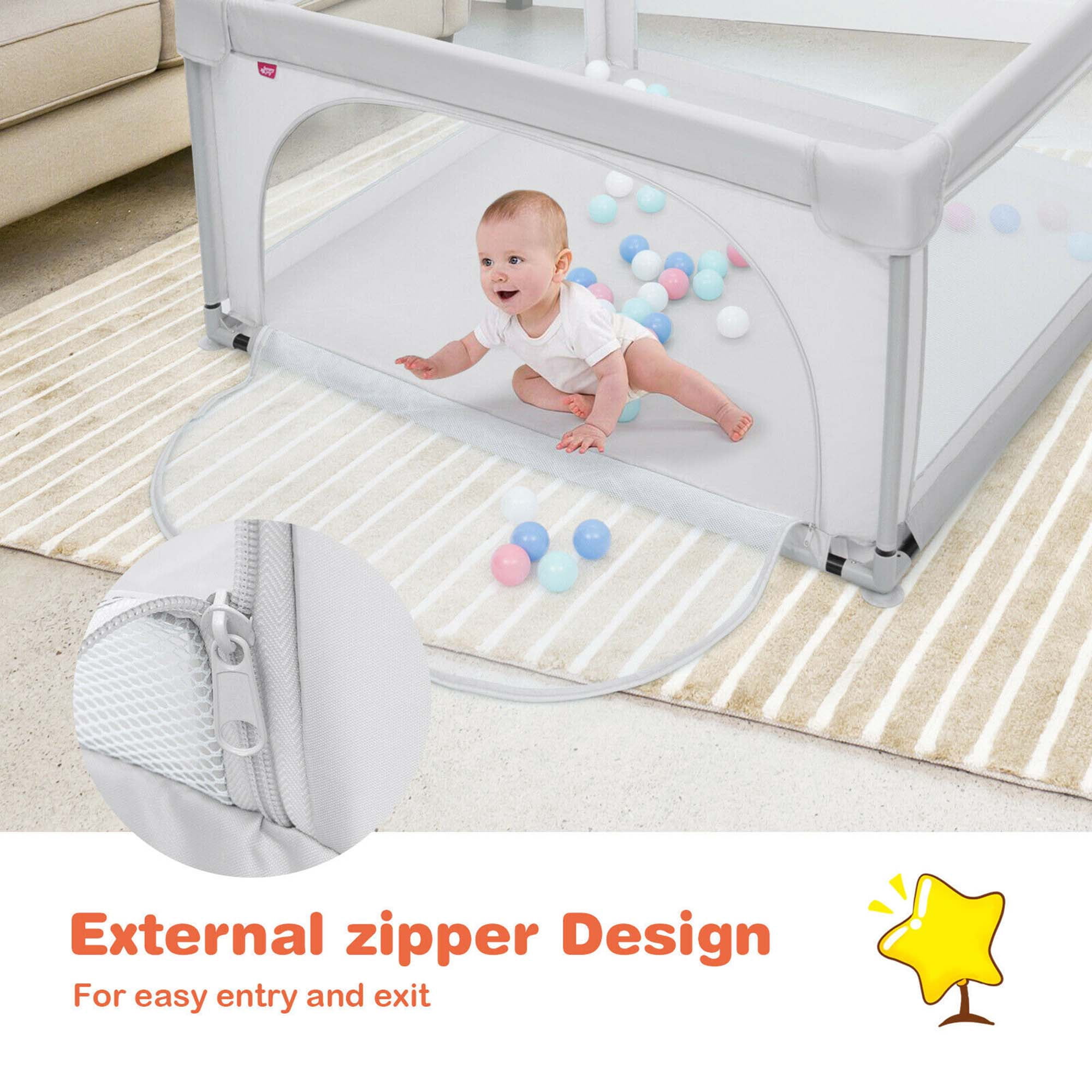 Costway Baby Playpen Infant Large Safety Play Center Yard w/ 50 Ocean Balls Grey