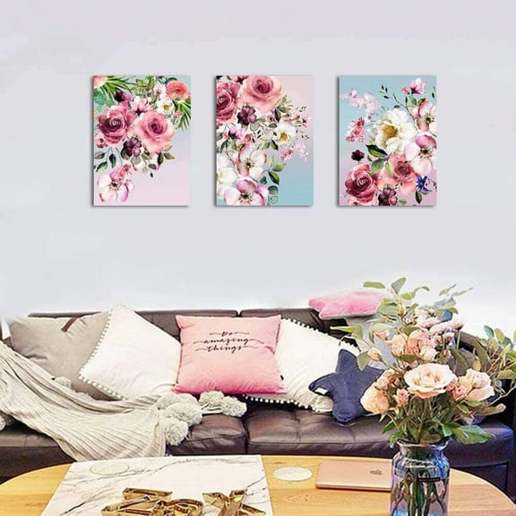 linyes Flower Canvas Wall Art for Bedroom Woman Wall Decor Pink White Flowers Picture Framed Artwork Modern Plant Floral Canvas Prints for Kitchen Home Bathroom Girls Room Wall Decoration