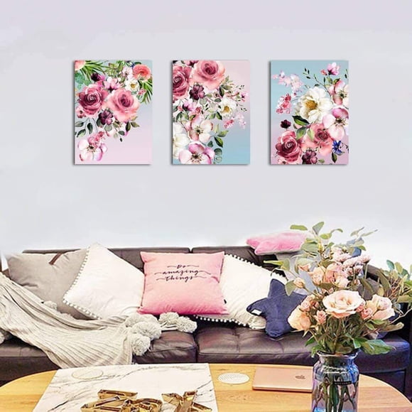 Pink White Flower Home Decor Bathroom Wall Art Canvas Framed Wall Art for Girls Bedroom Bathroom Wall Decor Colorful Artwork for Walls Decoration,Unframed
