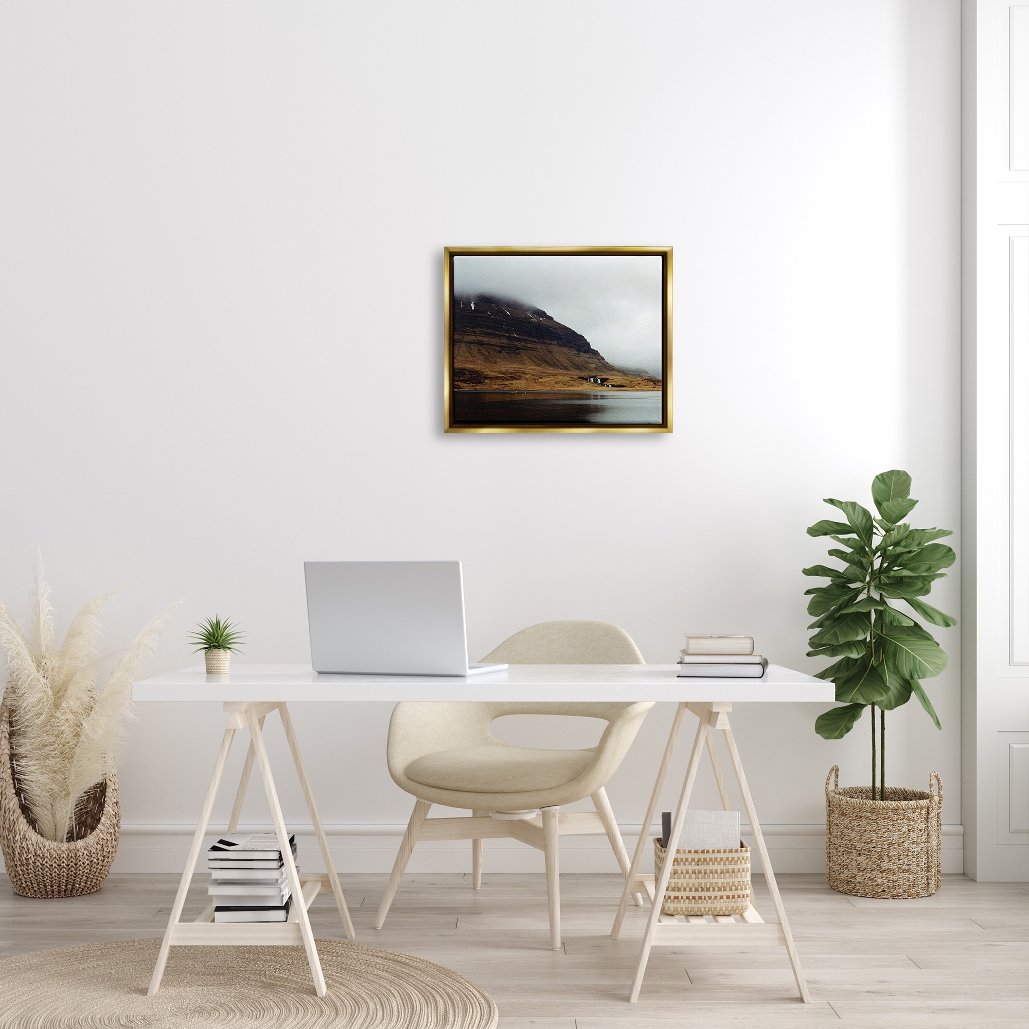 Stupell Industries Lake Side Cliffs Looming Fog Plateau Landscape Photograph Metallic Gold Floating Framed Canvas Print Wall Art, Design by Lynann Colligan