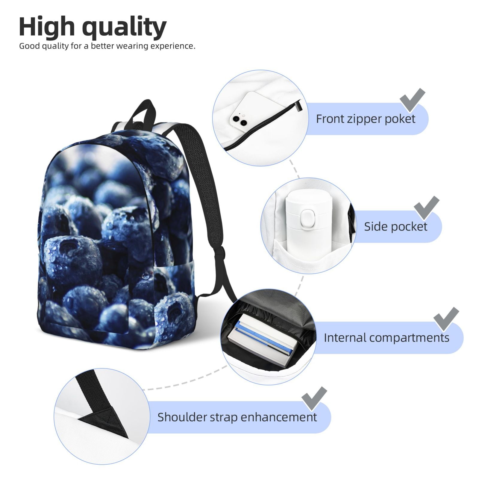 Defioc Blueberry for Canvas Backpack,Travel Rucksack Unisex Knapsack Laptop Backpack for Work & College -Small