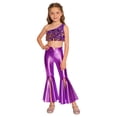 thumbnail image 4 of YiZYiF Kids Girls Shiny Disco Hippie Jazz Dance Outfits One Shoulder Sequins Crop Top and Split Bell-Bottom Leggings Purple 6, 4 of 7