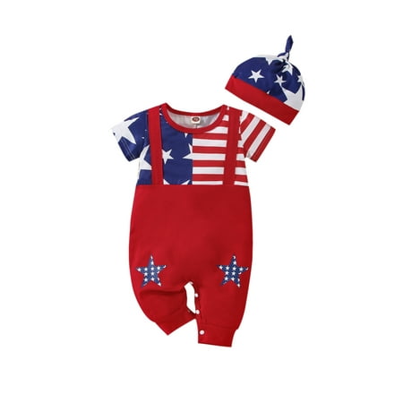 

Arvbitana 0 3 6 12 18 Months Baby Boy Girl 4th of July Outfit Star Stripe Print Short Sleeve Romper Round Neck Jumpsuit + Knotted Hat 2 Pcs Independence Day Set