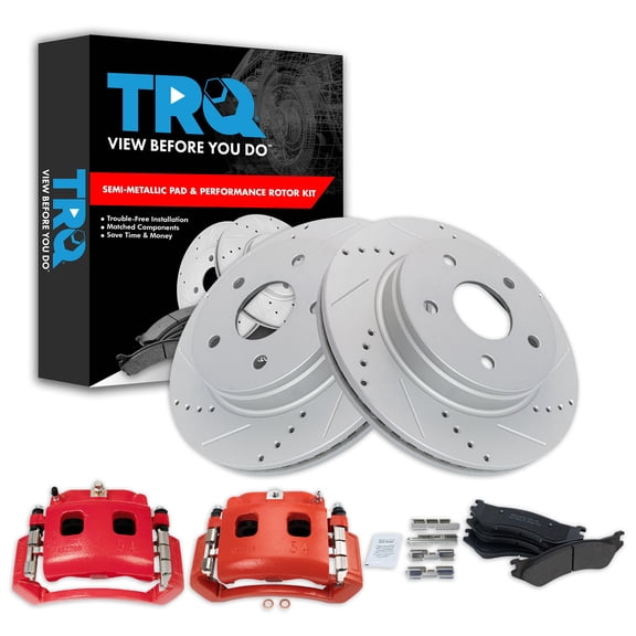 TRQ Front Performance Brake Pad & Rotor Kit Brake Caliper Brake Pads Brake Rotors Set Semi-Metallic Premium G-Coated Fits Select 2004-2006 Dodge Durango 2003-2005 Ram 1500