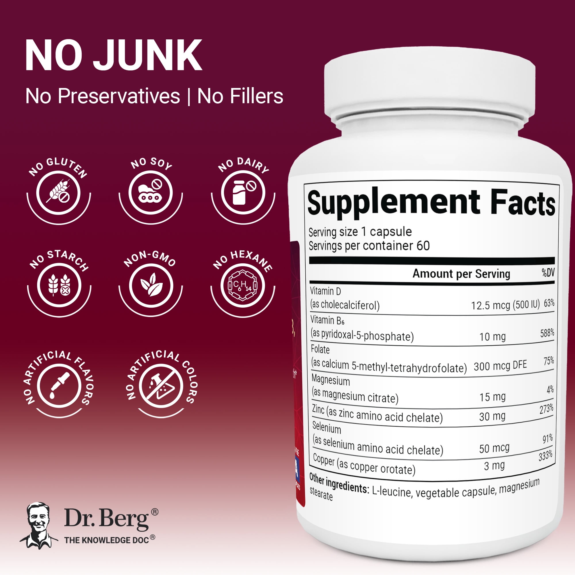 Dr. Berg Zinc 30 mg Capsules with Magnesium, Vitamin D3, Selenium, Copper & Folate - Immune Support, 60 Capsules