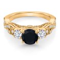 thumbnail image 3 of Gem Stone King 18K Yellow Gold Plated Silver Black Onyx White Lab Grown Diamond and White Moissanite Engagement Ring for Women (1.27 Cttw, Gemstone December Birthstone, Round 6MM and 3MM, Size 5), 3 of 5