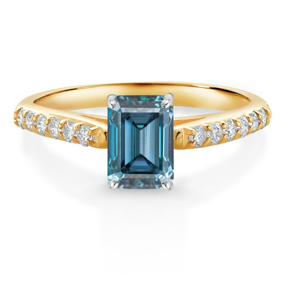Gem Stone King 10K Yellow and White Gold Engagement Ring Persian Blue Moissanite and Lab Grown Diamond (1.18 Cttw, Size 8)
