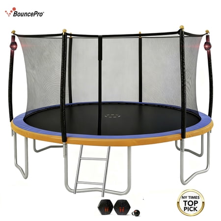 Sportspower BouncePro 14ft Trampoline Meets ASTM Safety Standards, Heavy-Duty Rust-Resistant Painted Steel Frame, UV-Resistant Jump Mat, Safety Net, Electron ShooterTarget Game & Ladder