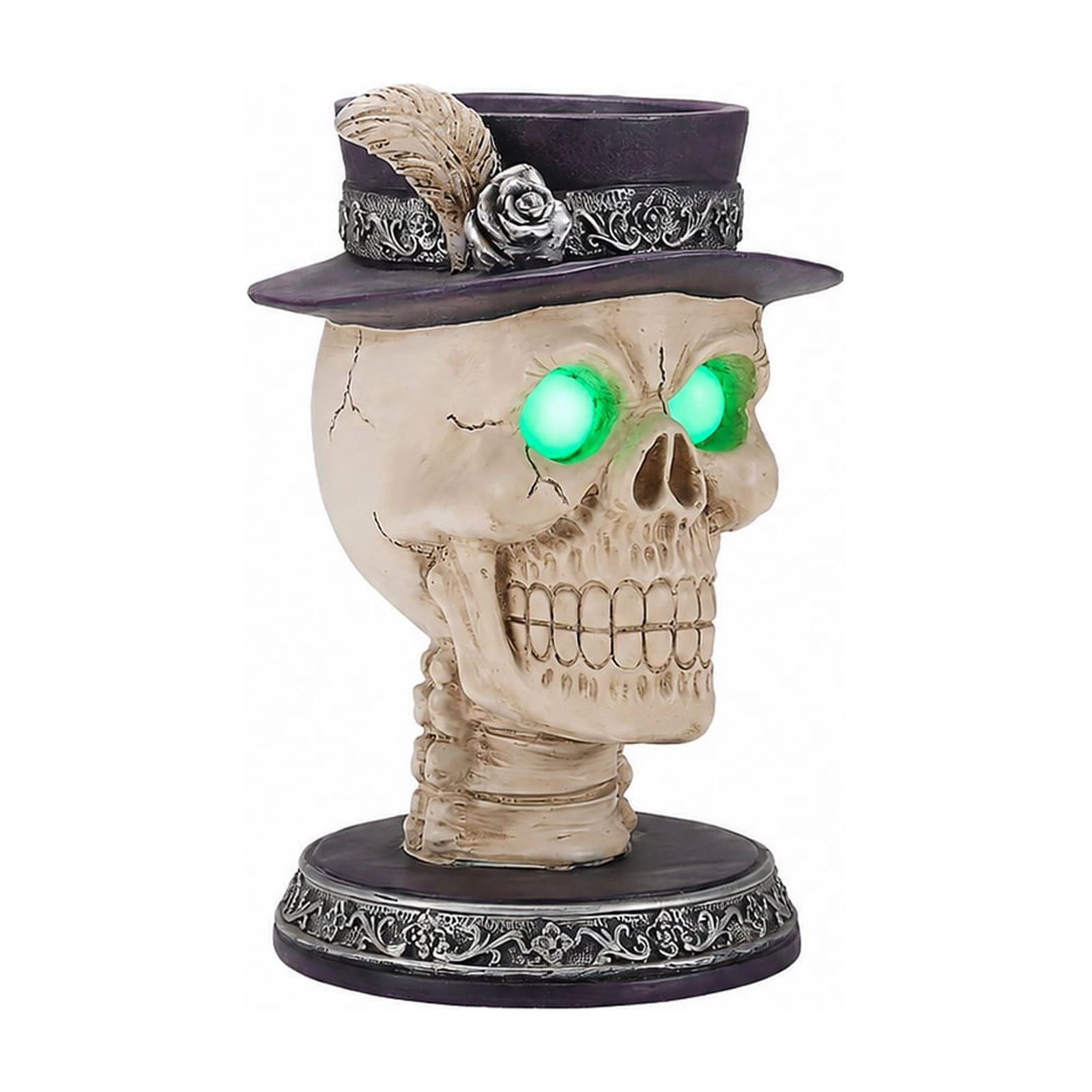 Skull Candle Holder 10.63 Inch, Gothic Skeleton Head Statue with Glowing Green Eyes and LED Light, Halloween Tabletop Decor for Home and Party, Black and White