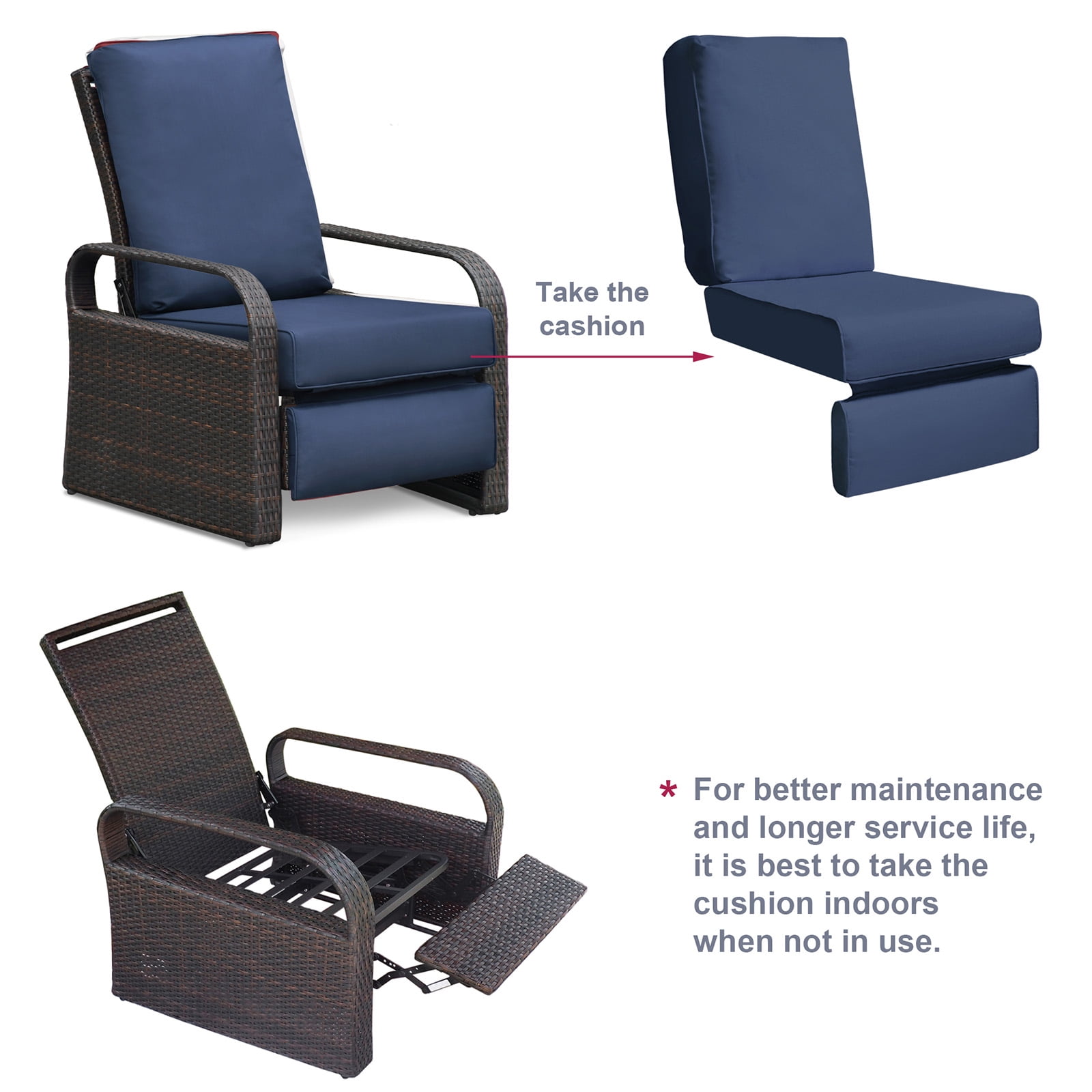 ATR ART to REAL Indoor Outdoor Recliner Replacement Waterproof Cushion, 5.5” Thick,Removable Washable Cover,Water Repellent,Navy Blue