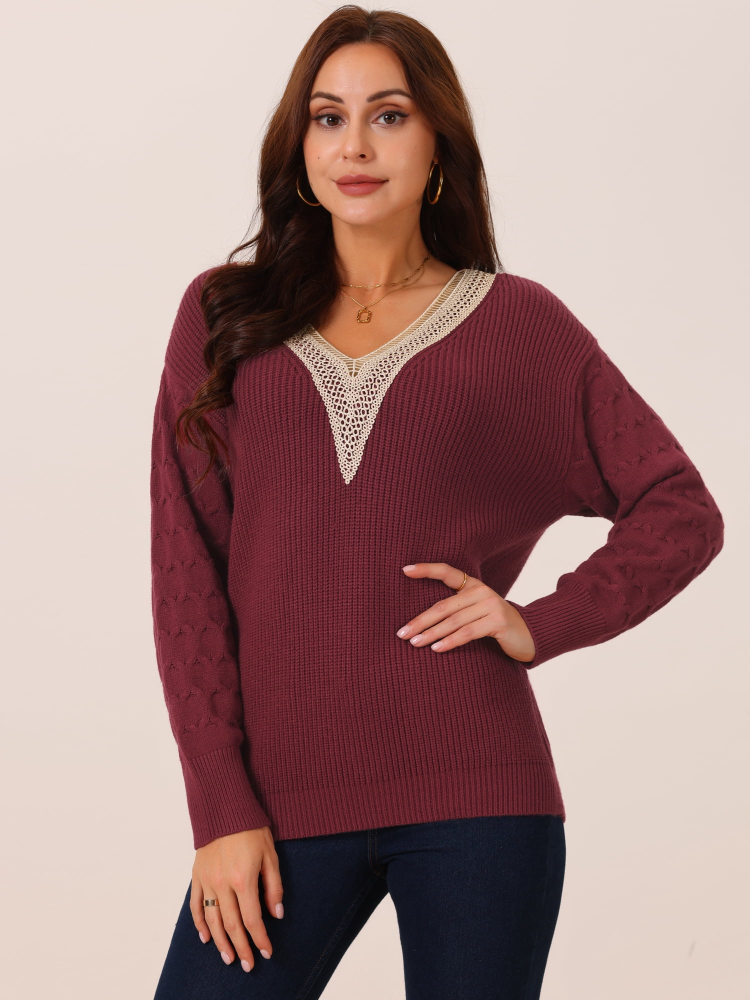 DARING DIVA Long Sleeve Lace V Neck Pullover Sweater Jumper Top S Wine Red