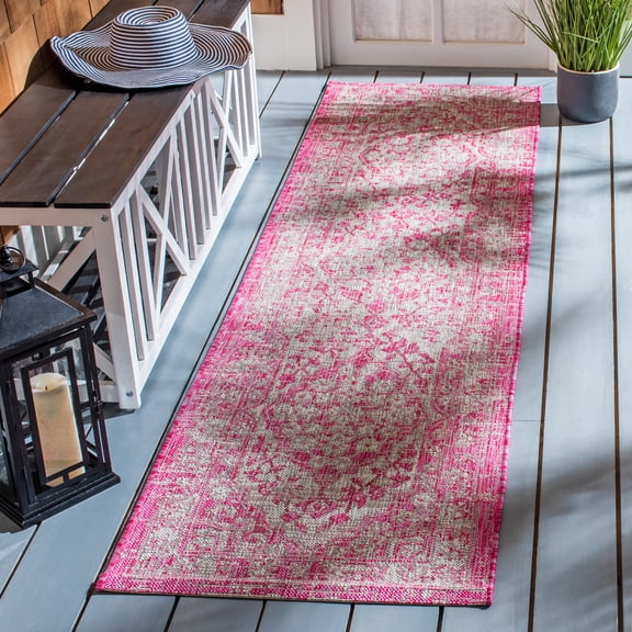 Safavieh Courtyard Euclid Medallion Indoor/Outdoor Runner Rug, Fuchsia/Gray, 2'3" x 9'