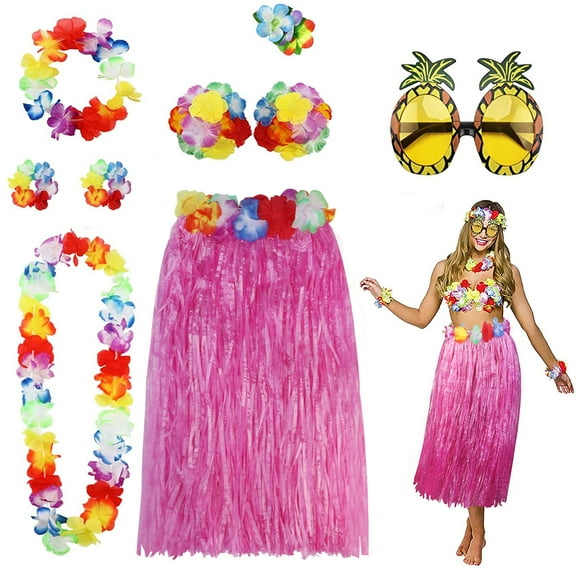Kit de Disfraz Falda Hula PHOGARY para Fiesta Luaú en Hawái Rosa