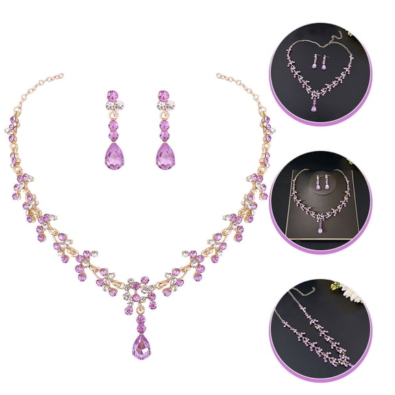 Luxshiny 1Set Elegant Violet Rhinestone Necklace Earrings Set for Evening Party